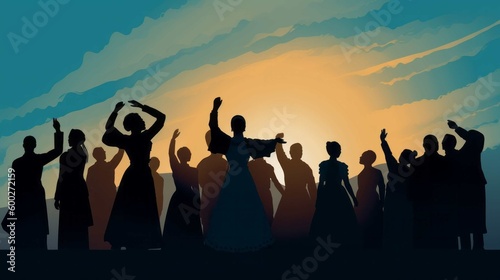 Fotografiet Silhouettes of a Group of Emancipated People in 1800s Clothing Celebrating Freed