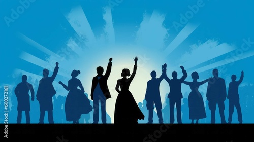 Silhouettes of a Group of Emancipated People in 1800s Clothing Celebrating Freedom Under a Blue Sky, Illustration for Juneteenth [Generative AI]