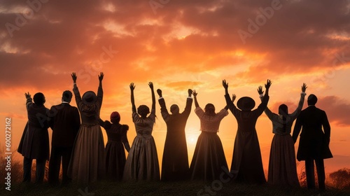 Silhouettes of a Group of Black People in 1800s Clothing Celebrating Freedom, Photorealistic Illustration for Juneteenth [Generative AI]