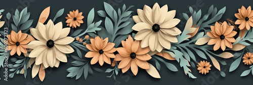 Abstract pattern with flowers in paper craft style. Pastel flowers on a dark background. Created with Generative AI tools