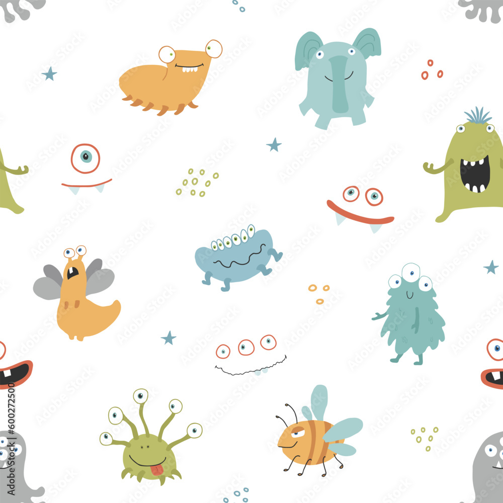 Cute monsters seamless pattern. Cartoon monsters background. Vector illustration Cute monsters seamless pattern. Cartoon monsters background. Vector illustration