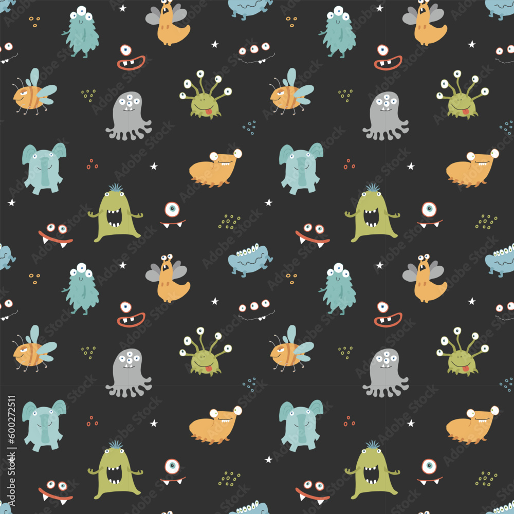 Cute monsters seamless pattern. Cartoon monsters background. Vector illustration Cute monsters seamless pattern. Cartoon monsters background. Vector illustration