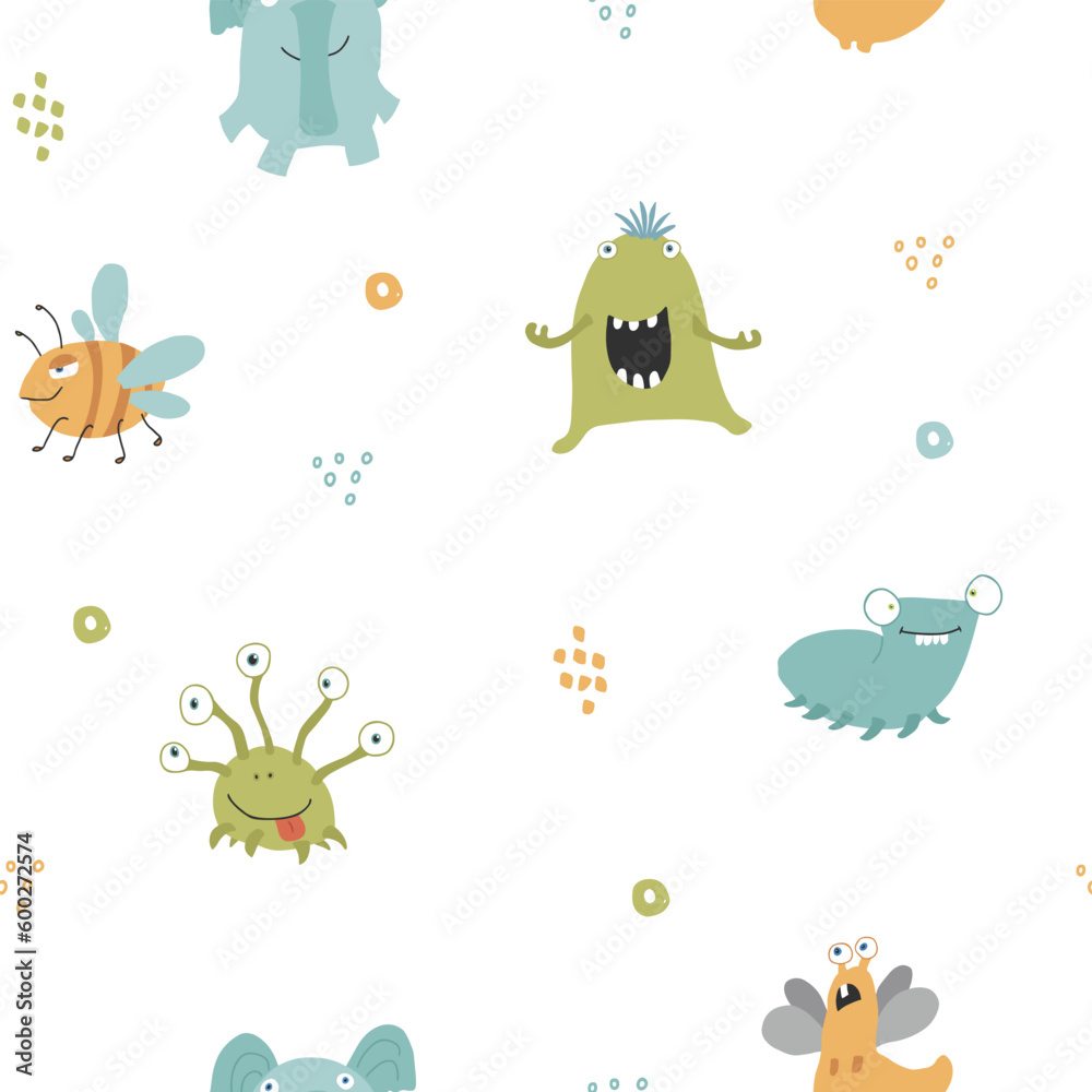 Cute monsters seamless pattern. Cartoon monsters background. Vector illustration Cute monsters seamless pattern. Cartoon monsters background. Vector illustration