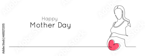 Pregnant Woman and heart in one continuous line drawing. Healthy pregnancy and birth baby symbol in simple linear style. Concept for Happy Mother day banner. Editable stroke. Vector illustration