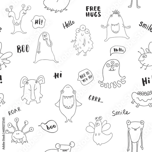 Cute monsters seamless pattern. Cartoon monsters background. Vector illustration