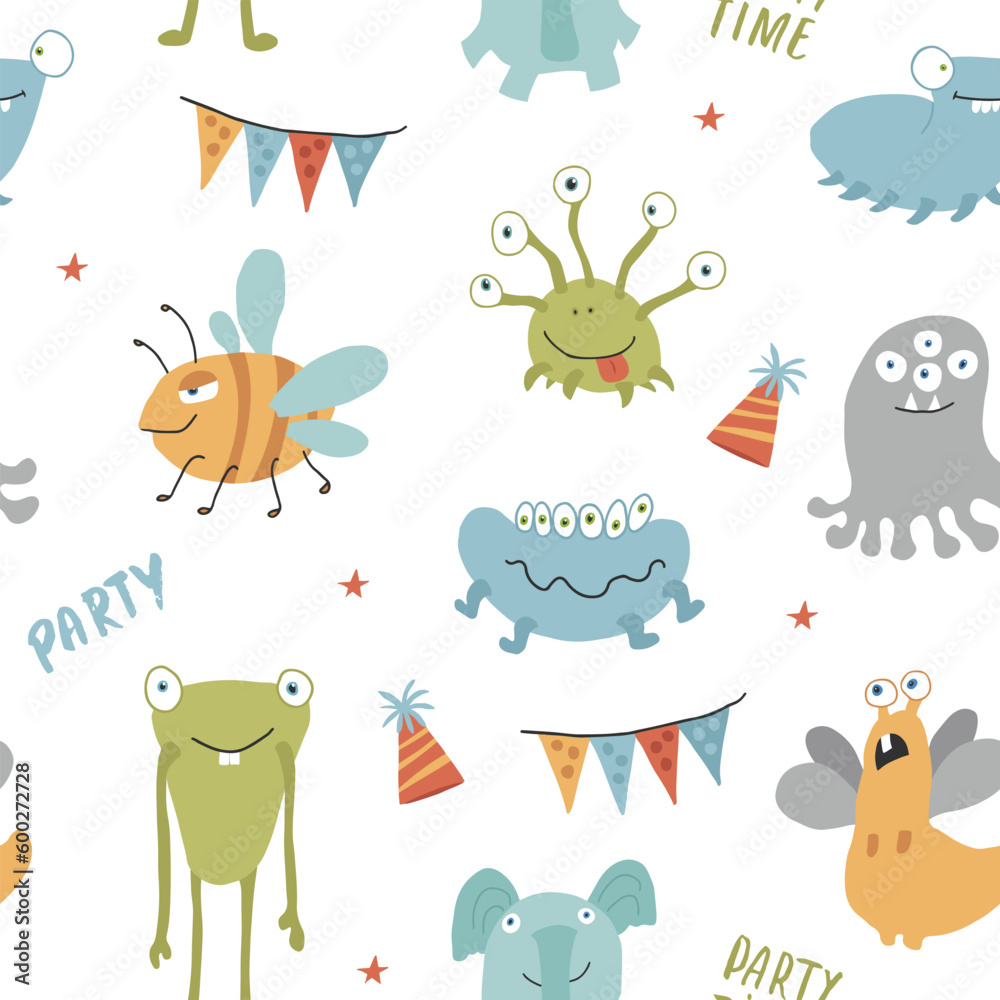 Naklejka premium Cute monsters seamless pattern. Cartoon monsters background. Vector illustration
