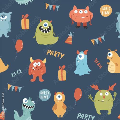 Cute monsters seamless pattern. Cartoon monsters background. Vector illustration