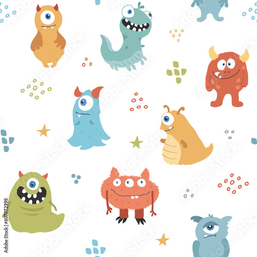 Cute monsters seamless pattern. Cartoon monsters background. Vector illustration