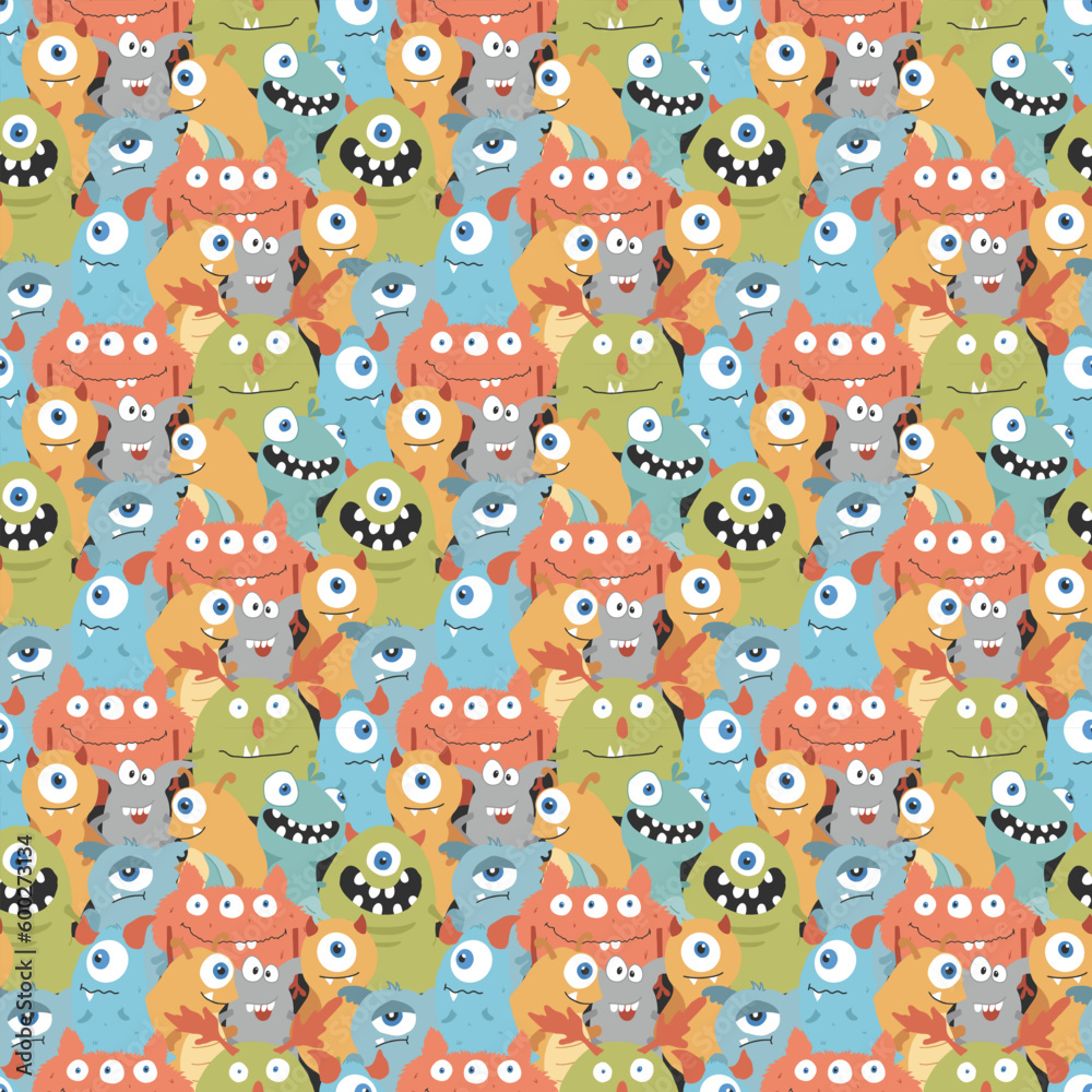 Obraz premium Cute monsters seamless pattern. Cartoon monsters background. Vector illustration