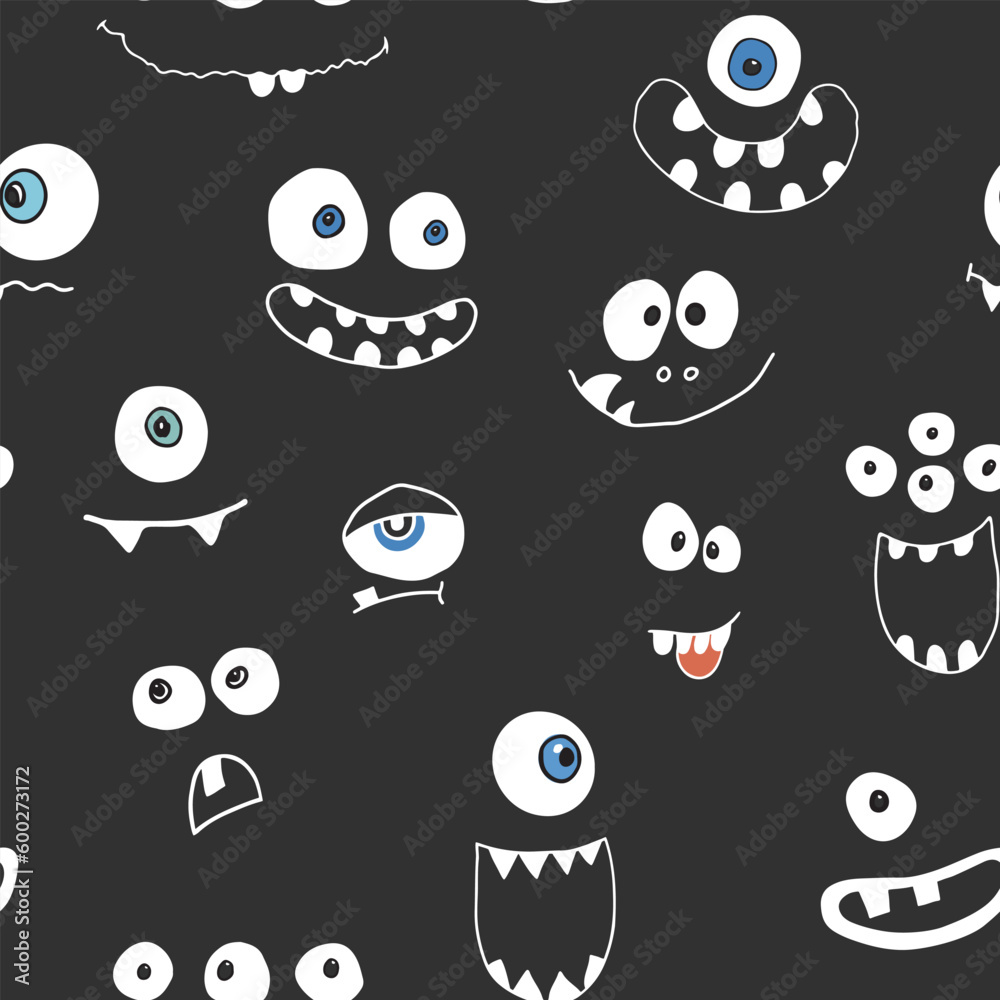 Cute monster faces seamless pattern. Cartoon monsters background. Vector illustration Cute monster faces seamless pattern. Cartoon monsters background. Vector illustration