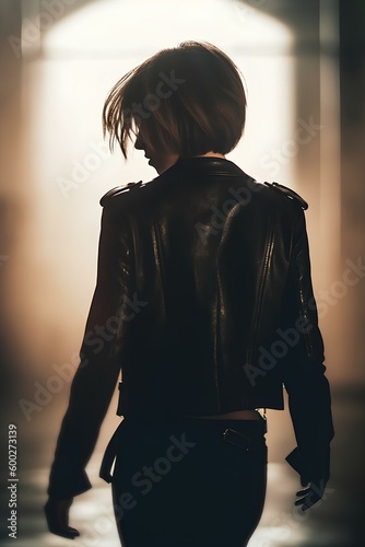 back of a woman. she has bobcut hair wearing a leather jacket. walking away in an empty and bright void. generative AI