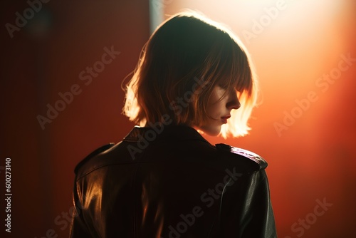 back of a woman. she has bobcut hair wearing a leather jacket. walking away in an empty and bright void. generative AI