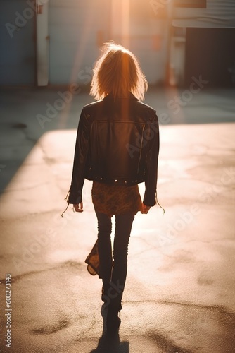 back of a woman. she has bobcut hair wearing a leather jacket. walking away in an empty and bright void. generative AI