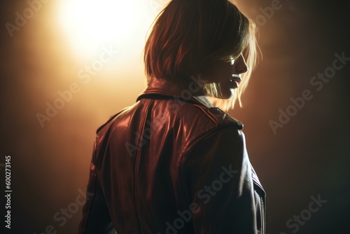 back of a woman. she has bobcut hair wearing a leather jacket. walking away in an empty and bright void. generative AI