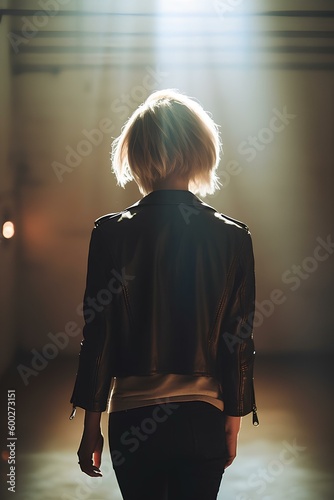 back of a woman. she has bobcut hair wearing a leather jacket. walking away in an empty and bright void. generative AI