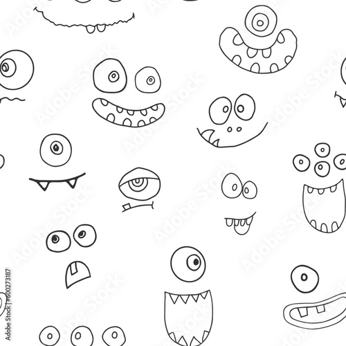 Cute monster faces seamless pattern. Cartoon monsters background. Vector illustration