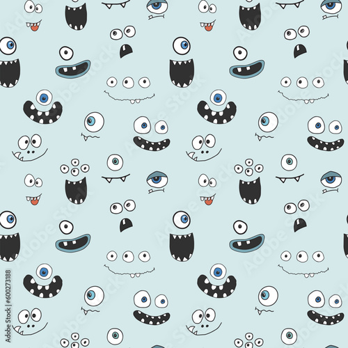 Cute monster faces seamless pattern. Cartoon monsters background. Vector illustration