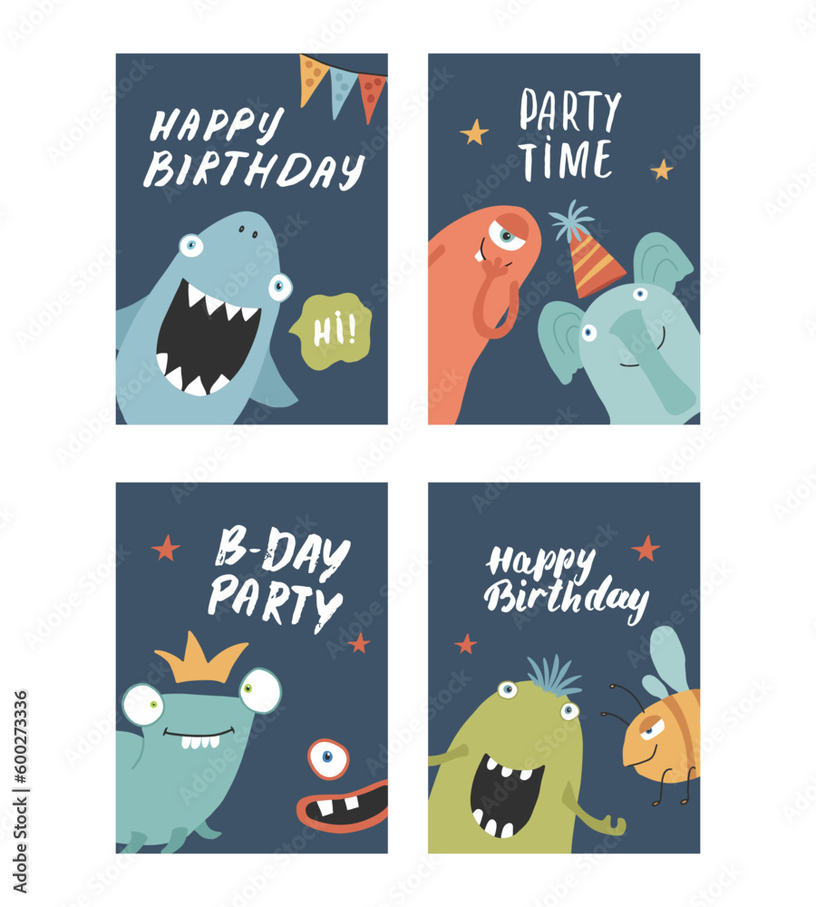 Birthday cards set with Cute monsters. Cartoon monsters collection. Vector illustration