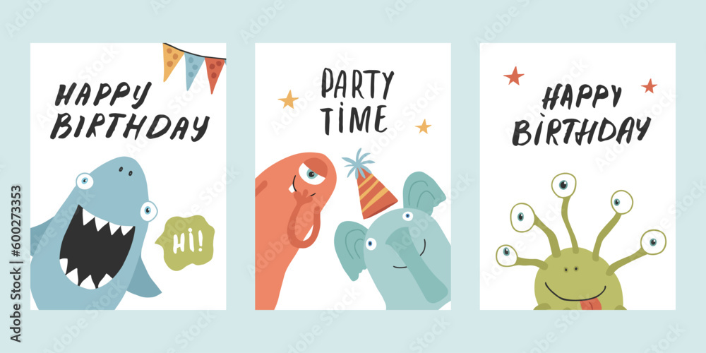 Birthday cards set with Cute monsters. Cartoon monsters collection. Vector illustration Birthday cards set with Cute monsters. Cartoon monsters collection. Vector illustration