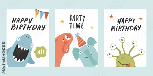 Birthday cards set with Cute monsters. Cartoon monsters collection. Vector illustration