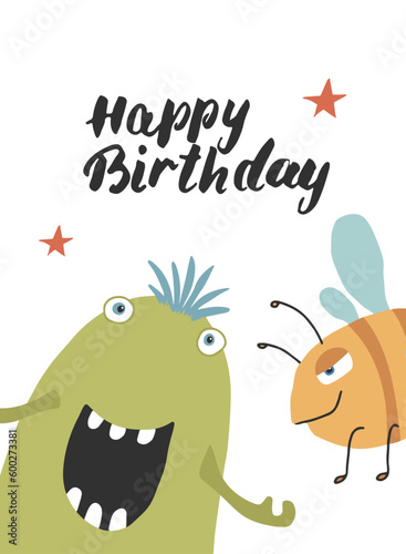 Fototapeta Naklejka Na Ścianę i Meble -  Cute monster birthday greeting card. Vector illustration