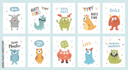 Cute monsters cards set. Cartoon monsters collection. Vector illustration