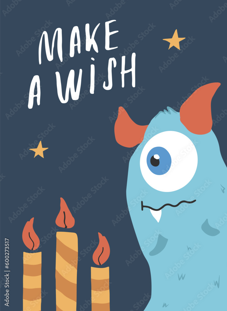 Fototapeta premium Cute monster birthday greeting card. Vector illustration