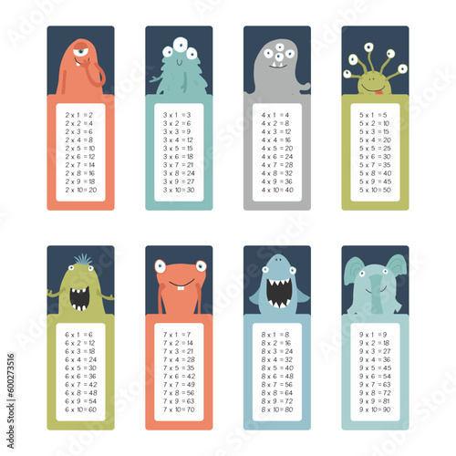 Multiplication table with cute monsters, Cartoon monster bookmarks collection. Vector illustration