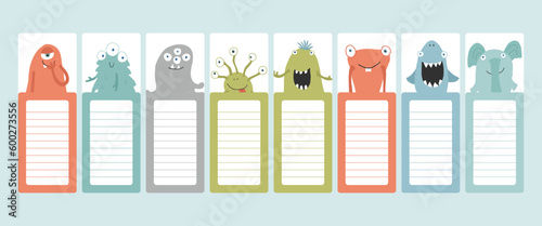 Bookmarks with cute monster set, Cartoon monsters sticker collection. Vector illustration