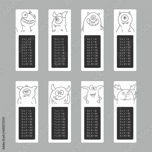 Multiplication table with cute monsters, Cartoon monster bookmarks collection. Vector illustration