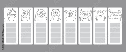 Bookmarks with cute monster set, Cartoon monsters sticker collection. Vector illustration