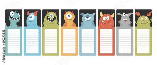 Bookmarks with cute monster set, Cartoon monsters sticker collection. Vector illustration