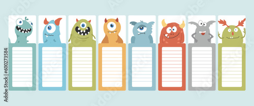 Bookmarks with cute monster set, Cartoon monsters sticker collection. Vector illustration