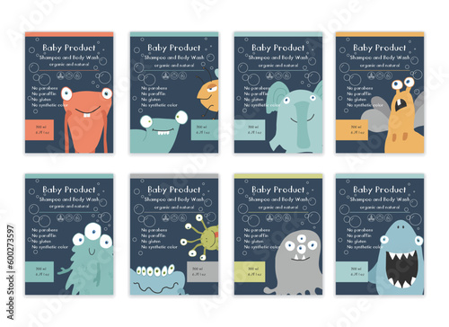 Baby Shampoo package label designs with cute monsters. vector illustration