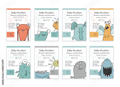 Baby Shampoo package label designs with cute monsters. vector illustration