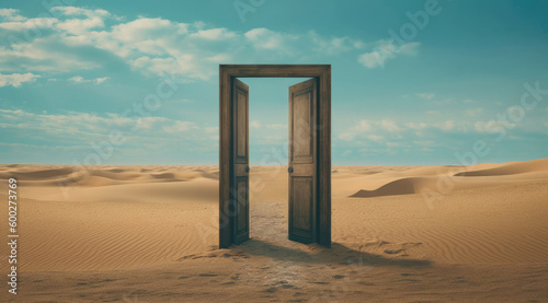 A door open in the sand desert  a door to a new world
