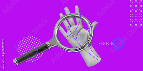 Palmistry, fortune-telling concept. The palm of the hand under a magnifying glass. Minimalistic art collage