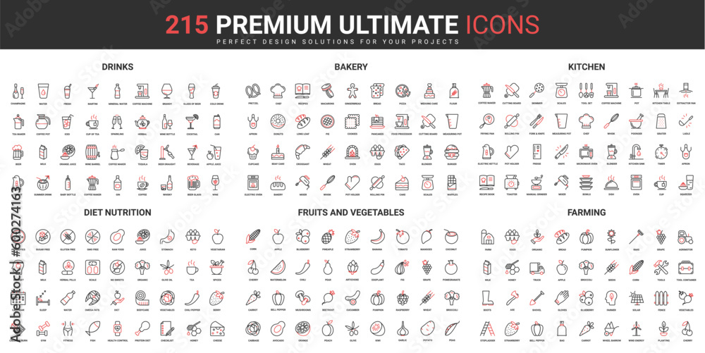 Diet food and nutrition, farming thin line red black icons set vector illustration. Abstract symbols of farm organic fruit, vegetables, baking drinks, kitchen tools simple design for mobile, web apps - obrazy, fototapety, plakaty 