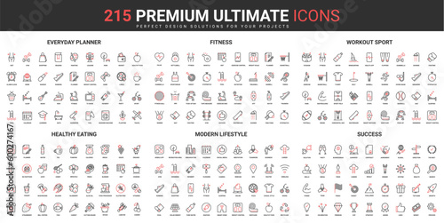 Modern lifestyle, sport workout thin line red black icons set vector illustration. Abstract symbols of daily healthy food, fitness planner application, success diet simple design mobile and web apps