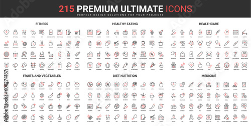 Fitness, healthy eating, medicine thin line red black icons set vector illustration. Abstract symbols of pharmacy, healthcare and diet, vegetable and fruit nutrition simple design for mobile, web apps