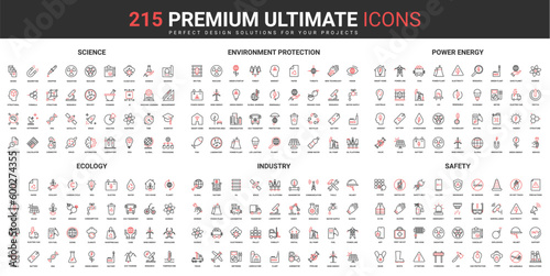 Science, eco safety of power energy industry, ecology thin line red black icons set vector illustration. Abstract symbols of environmental protection, lab research simple design for mobile, web apps