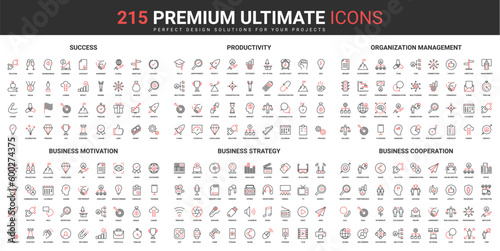 Bussines success of organization management thin line red black icons set vector illustration. Abstract symbols productivity, motivation and cooperation of employees simple design for mobile web apps