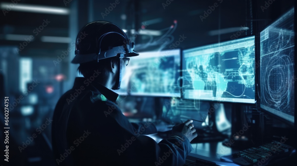 Engineer manager connecting data center on global networking in server room generative ai
