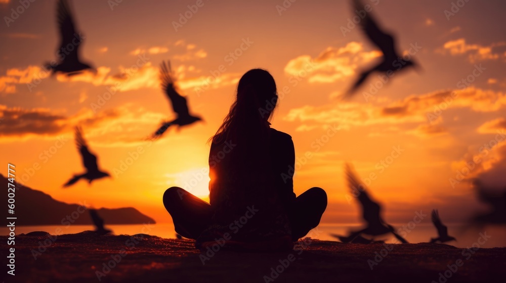 woman praying and free bird and enjoining nature generative ai