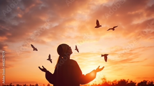 woman praying and free bird and enjoining nature generative ai photo