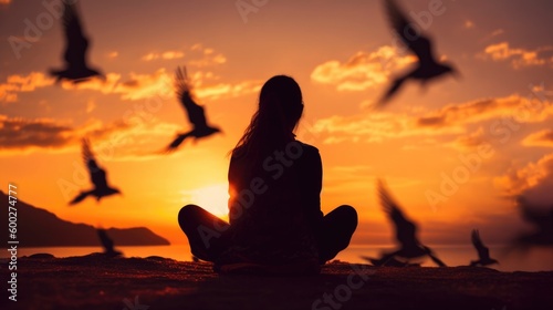 woman praying and free bird and enjoining nature generative ai © ThisDesign