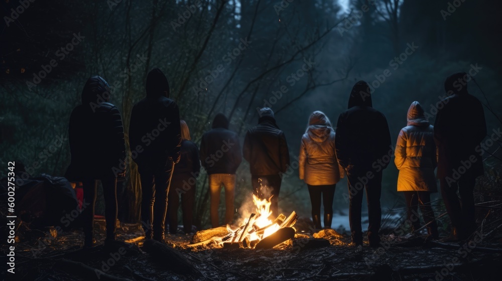 group of people gathered around a campfire. generative ai group of people gathered around a campfire. generative ai