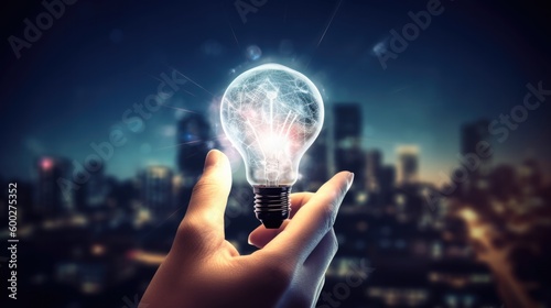 Hand holding light bulb and smart brain inside and innovation icon network connection generative ai