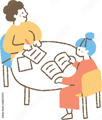 自習室で勉強する男女二人_色