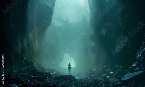 glowing crystalline cave, extreme misty atmosphere, silhouette of a man walking toward the abyss. generative AI photo